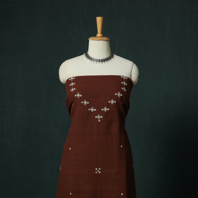 Brown - Kutch Bhujodi Handloom Kala Cotton 3pc Unstitched Dress Material Suit Set 10