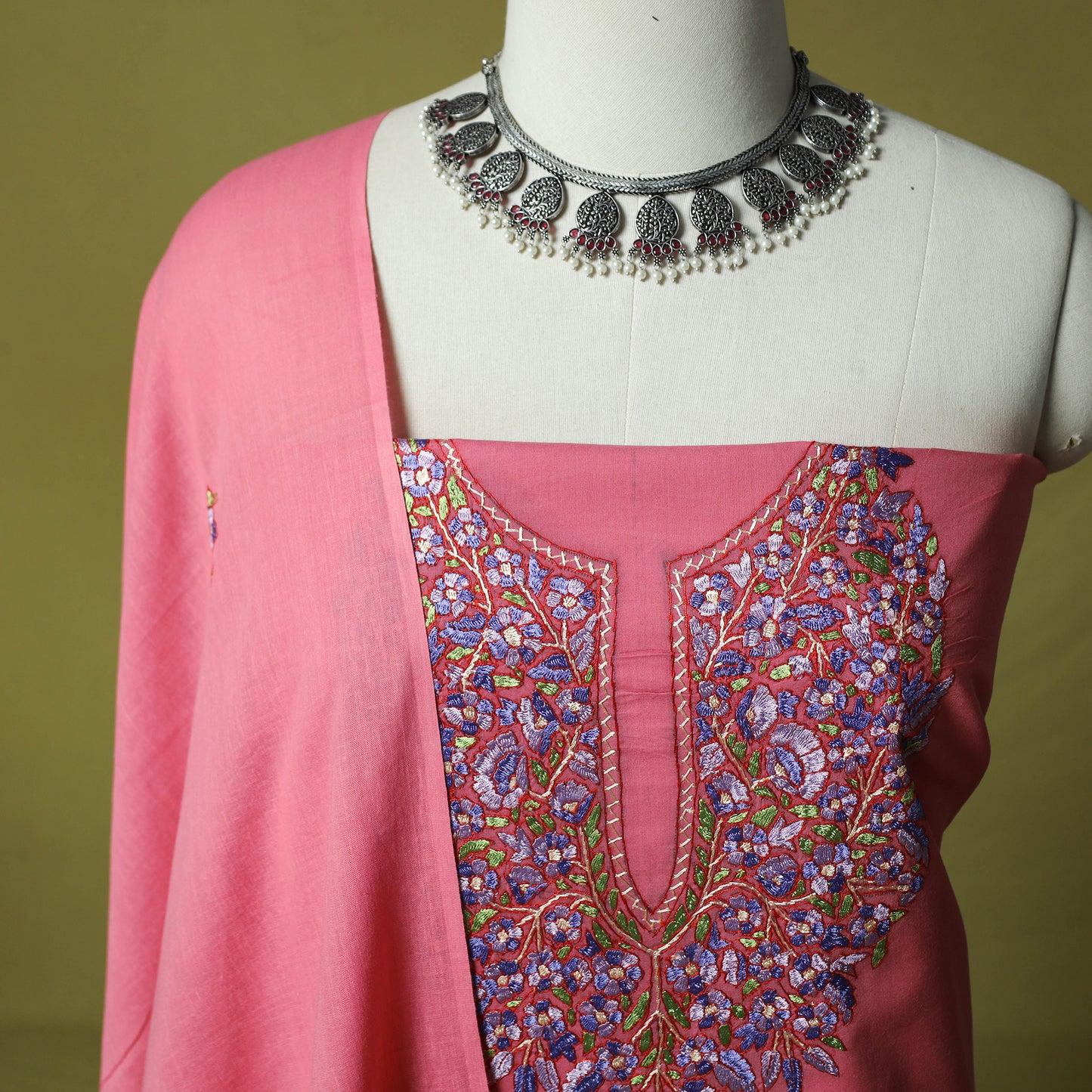 Hand Embroidered Cotton Kashida 3pc Unstitched Dress Material Suit Set 71