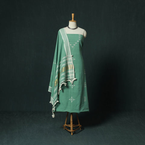 Green - Kutch Bhujodi Handloom Kala Cotton 3pc Unstitched Dress Material Suit Set 11