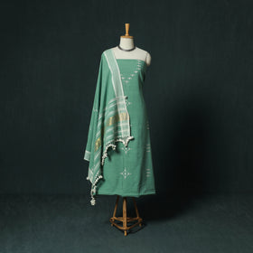 Green - Kutch Bhujodi Handloom Kala Cotton 3pc Unstitched Dress Material Suit Set 11