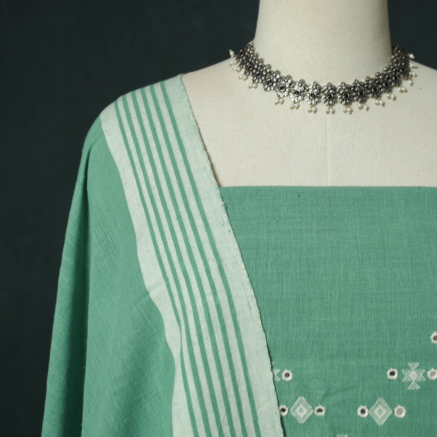 Green - Kutch Bhujodi Handloom Kala Cotton 3pc Unstitched Dress Material Suit Set 11