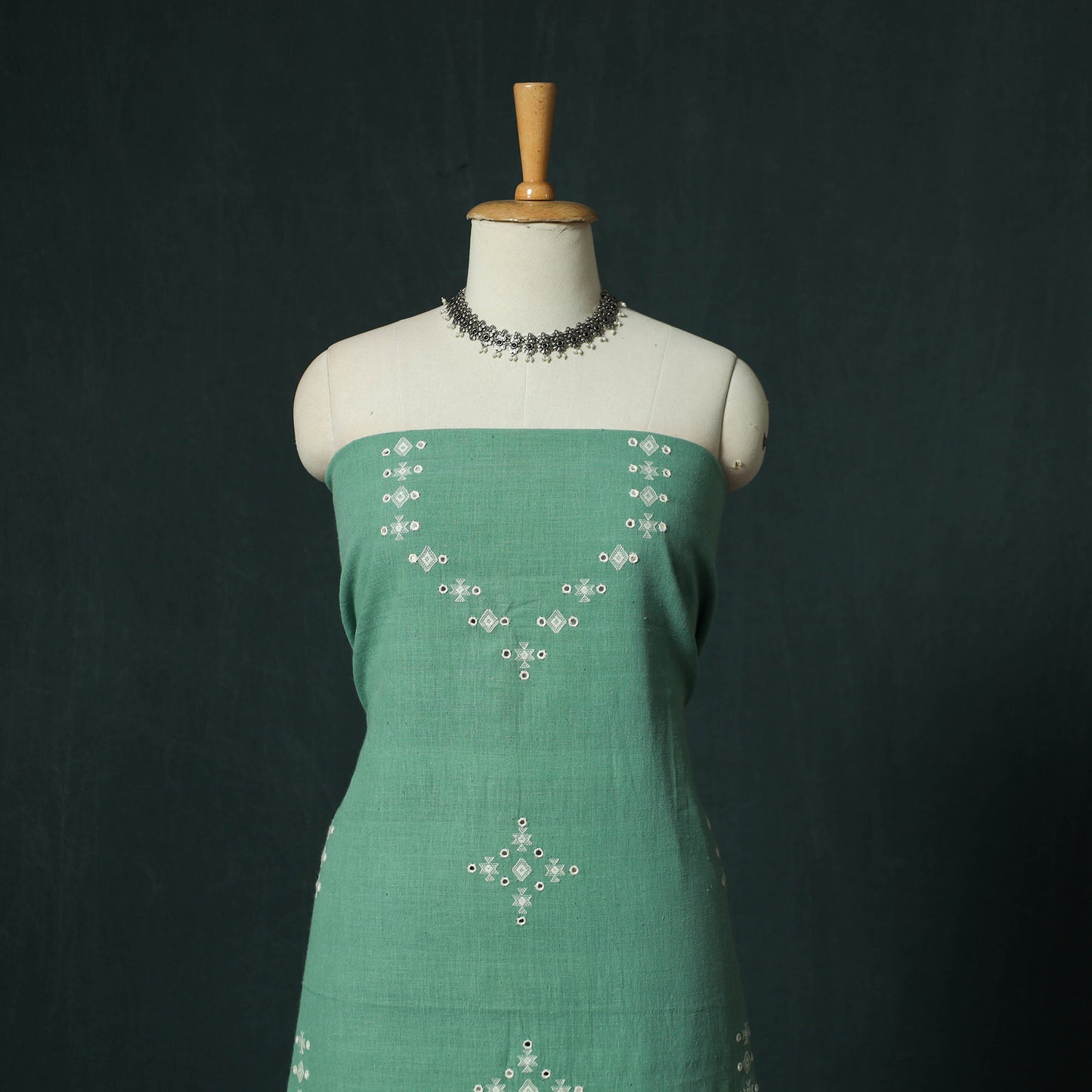 Green - Kutch Bhujodi Handloom Kala Cotton 3pc Unstitched Dress Material Suit Set 11