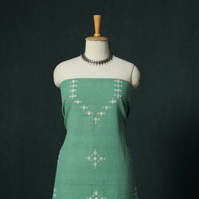 Green - Kutch Bhujodi Handloom Kala Cotton 3pc Unstitched Dress Material Suit Set 11