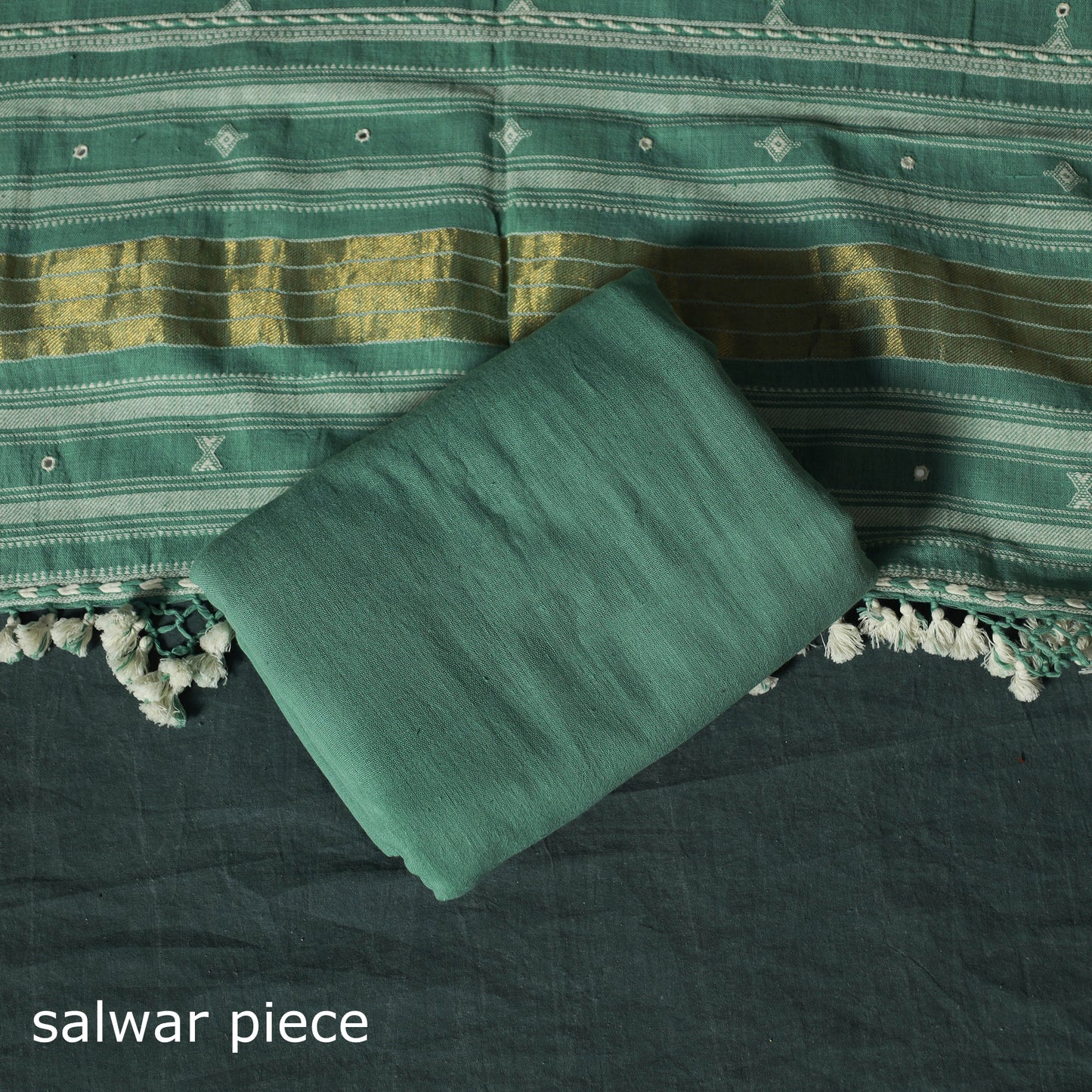 Green - Kutch Bhujodi Handloom Kala Cotton 3pc Unstitched Dress Material Suit Set 11