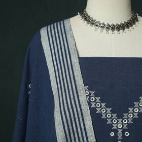 Blue - Kutch Bhujodi Handloom Kala Cotton 3pc Unstitched Dress Material Suit Set 12