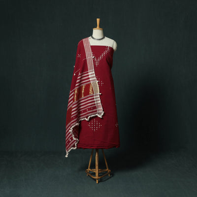 Red - Kutch Bhujodi Handloom Kala Cotton 3pc Unstitched Dress Material Suit Set 13