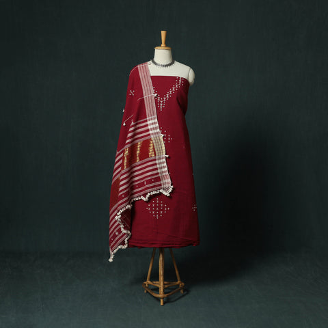 Red - Kutch Bhujodi Handloom Kala Cotton 3pc Unstitched Dress Material Suit Set 13