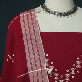 Red - Kutch Bhujodi Handloom Kala Cotton 3pc Unstitched Dress Material Suit Set 13