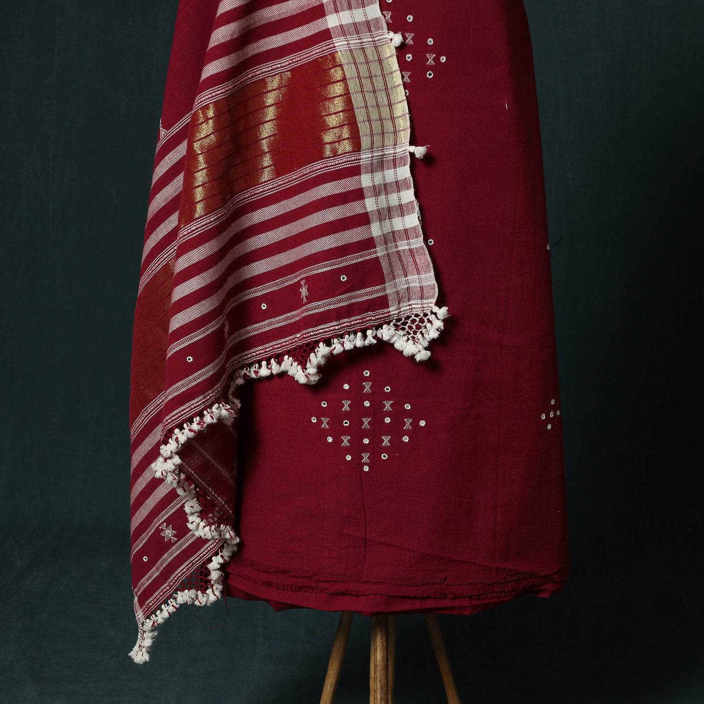 Red - Kutch Bhujodi Handloom Kala Cotton 3pc Unstitched Dress Material Suit Set 13