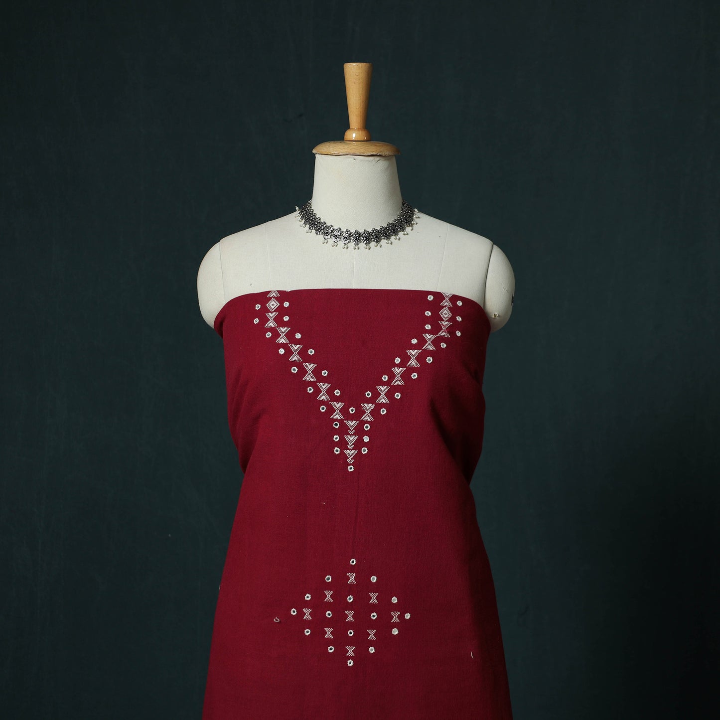 Red - Kutch Bhujodi Handloom Kala Cotton 3pc Unstitched Dress Material Suit Set 13