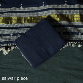 Blue - Kutch Bhujodi Handloom Kala Cotton 3pc Unstitched Dress Material Suit Set 12