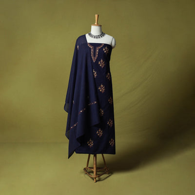 Blue - Hand Embroidered Cotton Kashida 3pc Unstitched Dress Material Suit Set 74