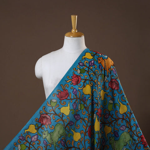 Blue - natural dyed chanderi silk handpainted srikalahasti