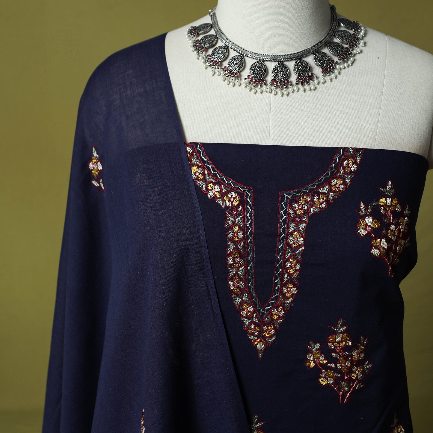 Blue - Hand Embroidered Cotton Kashida 3pc Unstitched Dress Material Suit Set 74