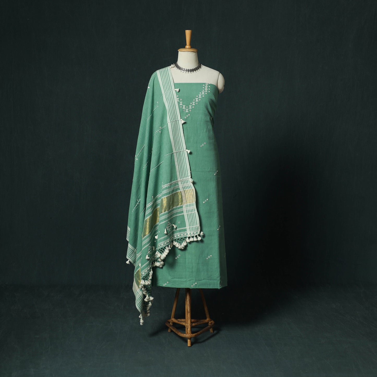 Green - Kutch Bhujodi Handloom Kala Cotton 3pc Unstitched Dress Material Suit Set 14