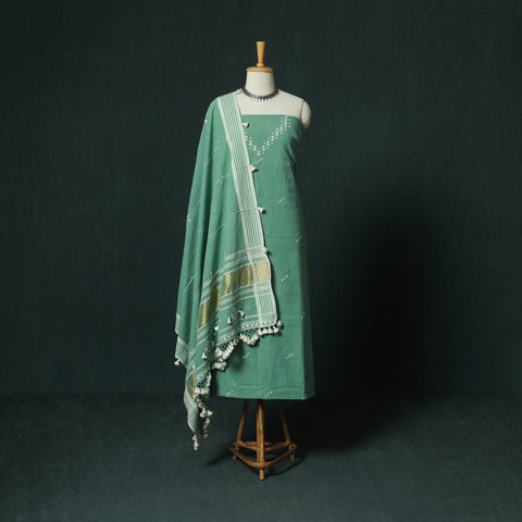 Green - Kutch Bhujodi Handloom Kala Cotton 3pc Unstitched Dress Material Suit Set 14