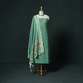 Green - Kutch Bhujodi Handloom Kala Cotton 3pc Unstitched Dress Material Suit Set 14