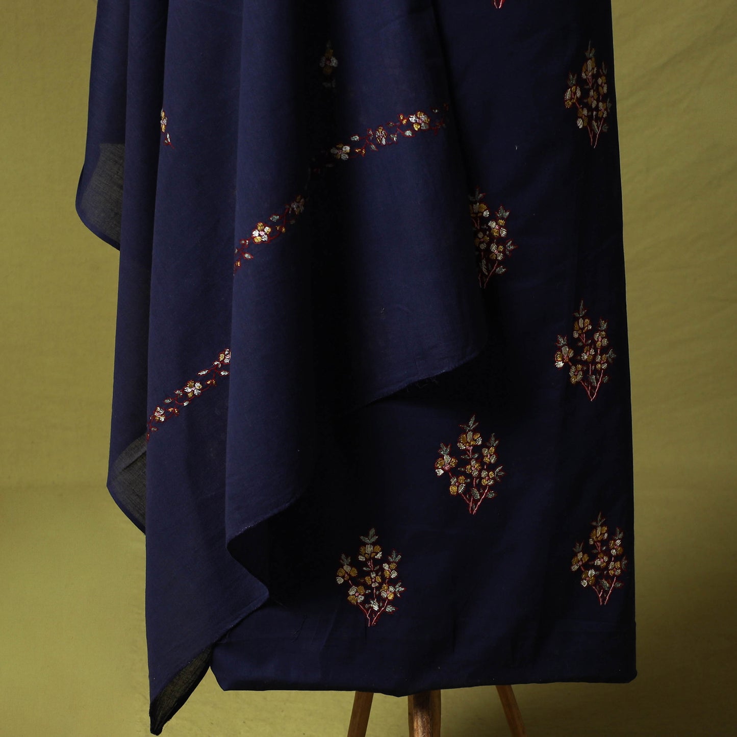 Blue - Hand Embroidered Cotton Kashida 3pc Unstitched Dress Material Suit Set 74