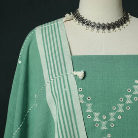 Green - Kutch Bhujodi Handloom Kala Cotton 3pc Unstitched Dress Material Suit Set 14