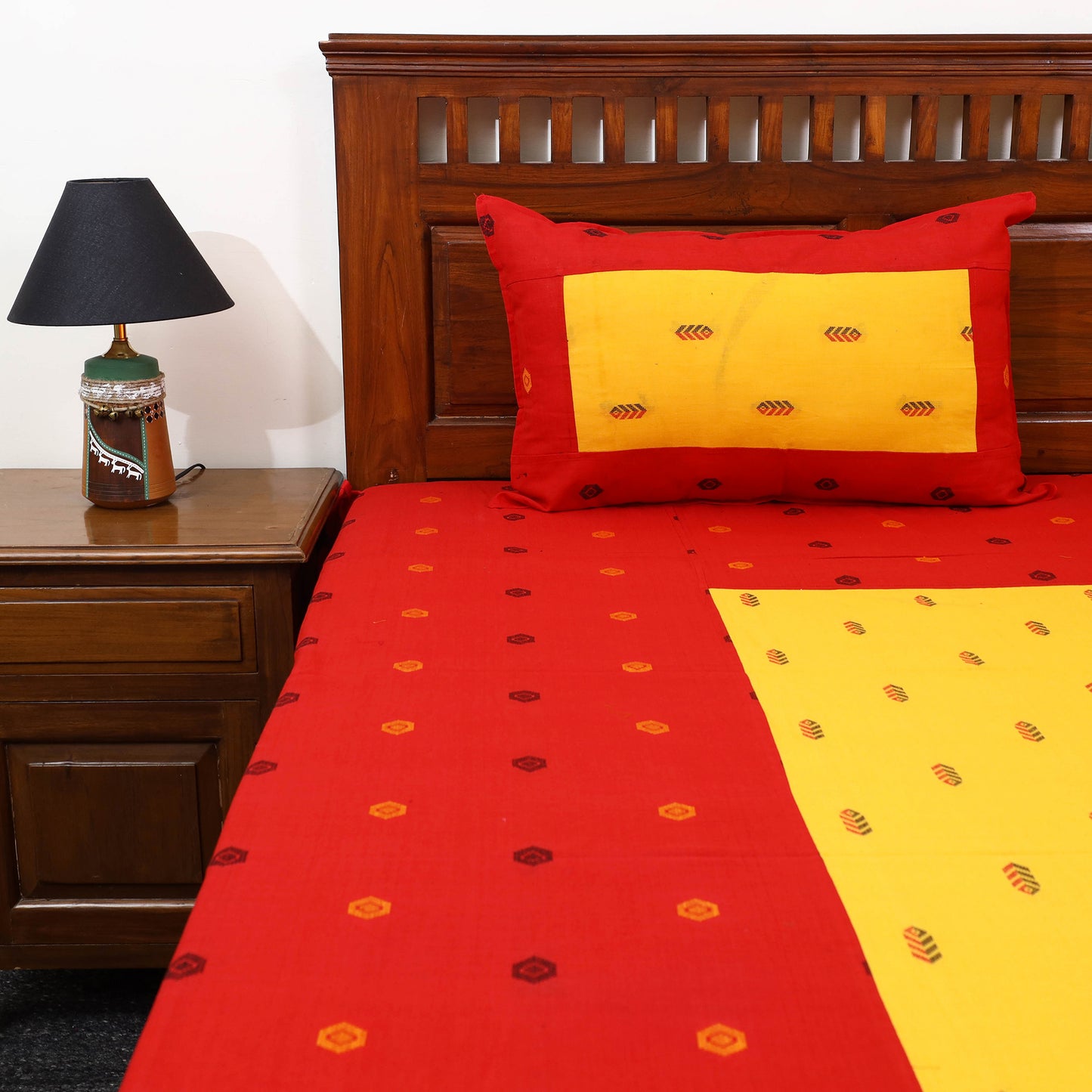 Buy Red Patchwork Cotton Double Jacquard Bed Sheet Set