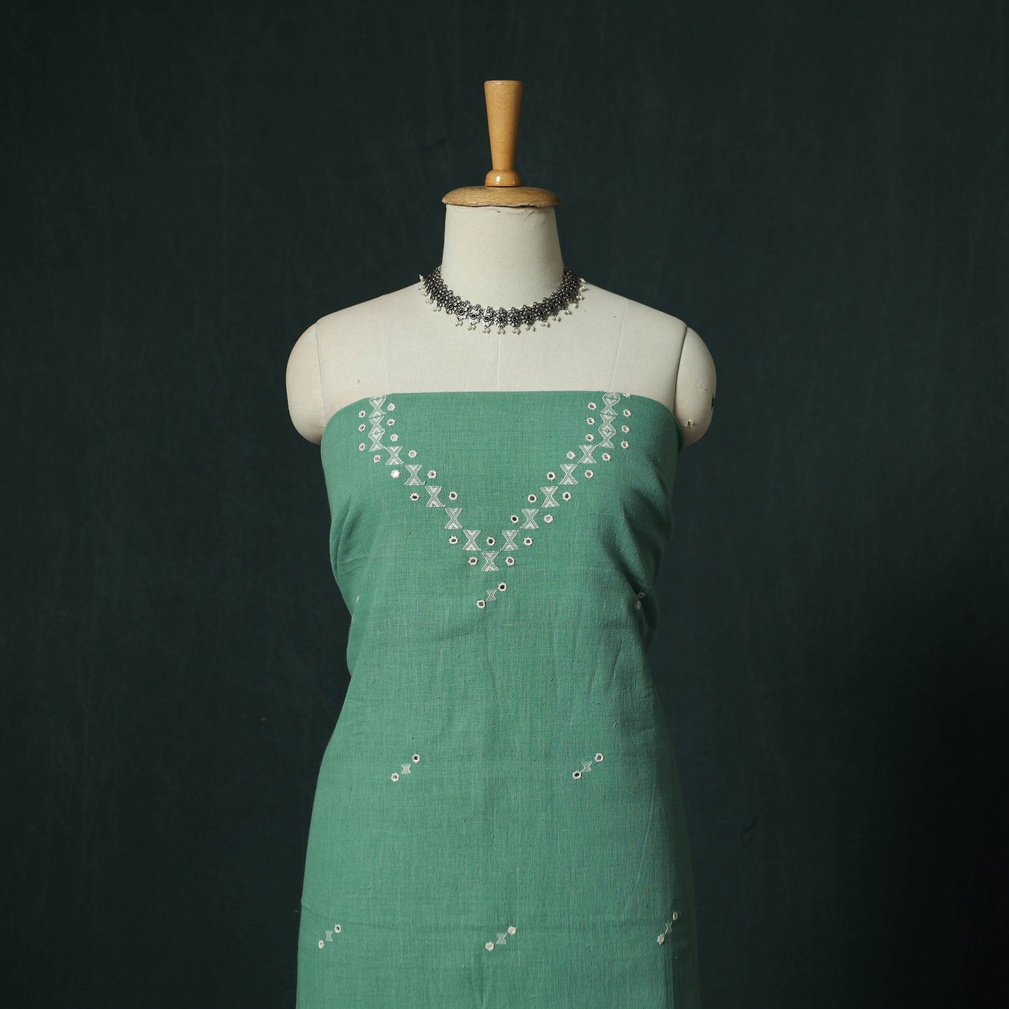 Green - Kutch Bhujodi Handloom Kala Cotton 3pc Unstitched Dress Material Suit Set 14
