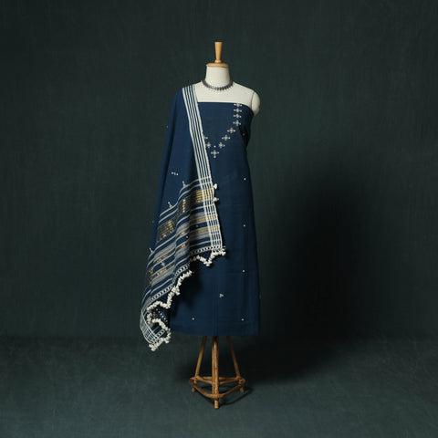 Blue - Kutch Bhujodi Handloom Kala Cotton 3pc Unstitched Dress Material Suit Set 15