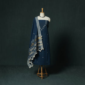 Blue - Kutch Bhujodi Handloom Kala Cotton 3pc Unstitched Dress Material Suit Set 15