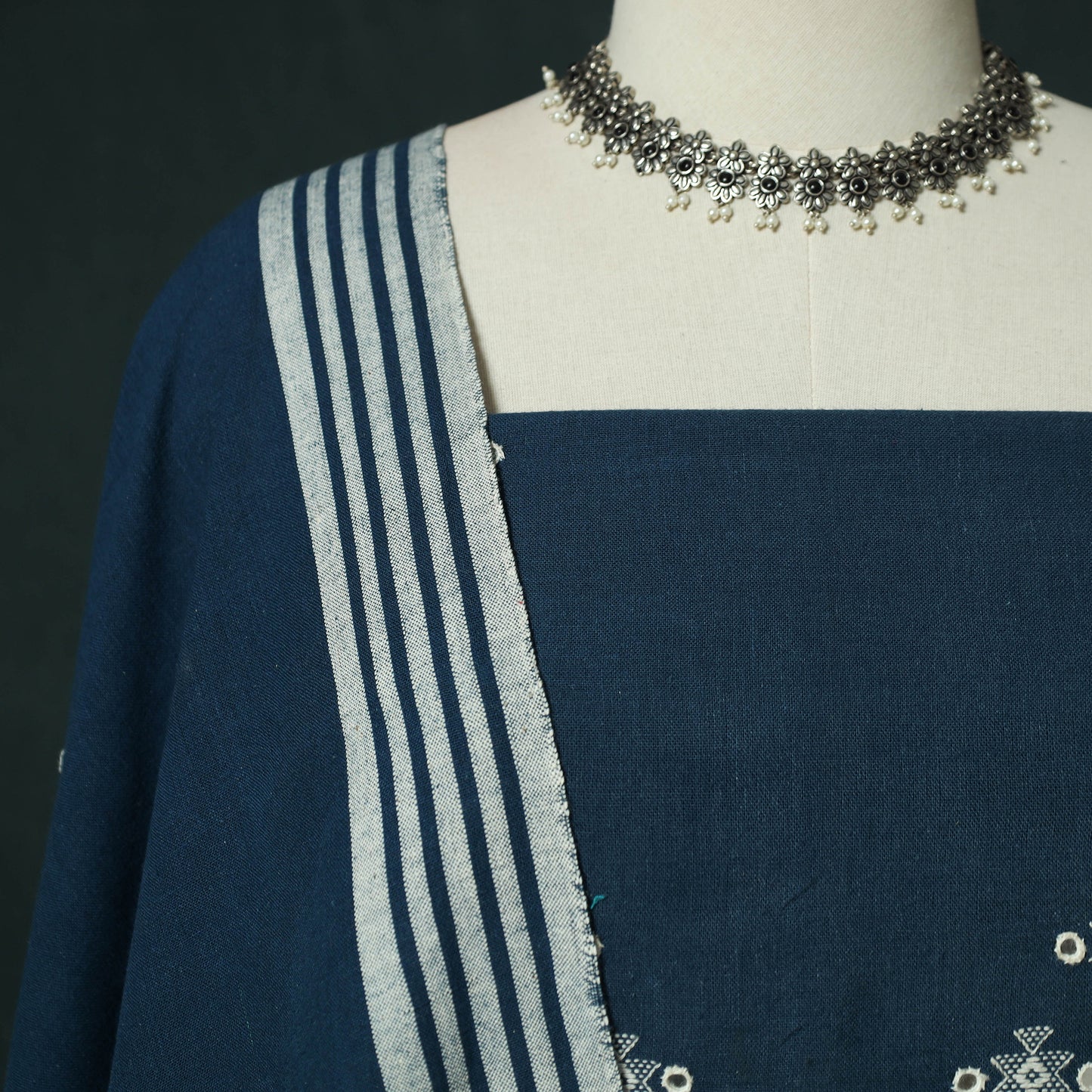Blue - Kutch Bhujodi Handloom Kala Cotton 3pc Unstitched Dress Material Suit Set 15