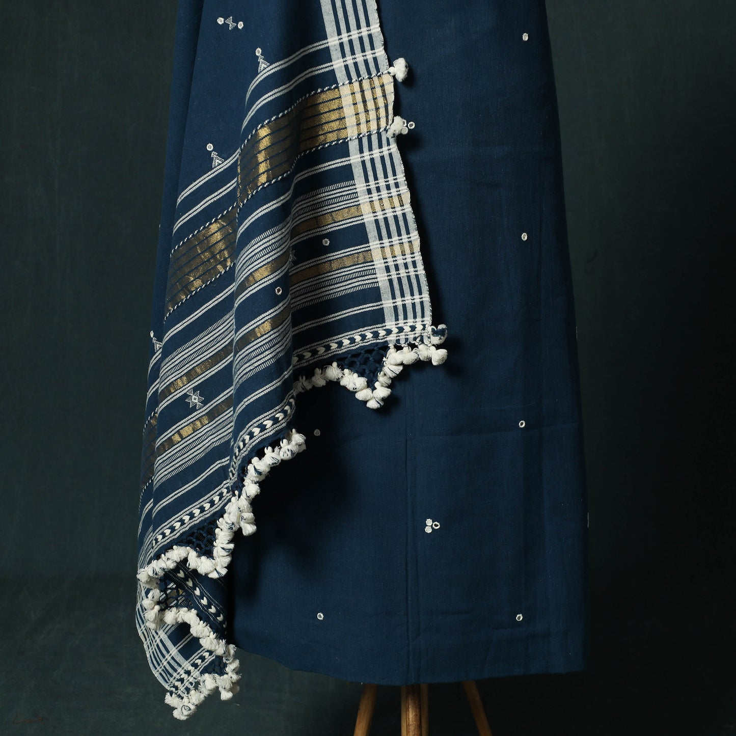Blue - Kutch Bhujodi Handloom Kala Cotton 3pc Unstitched Dress Material Suit Set 15