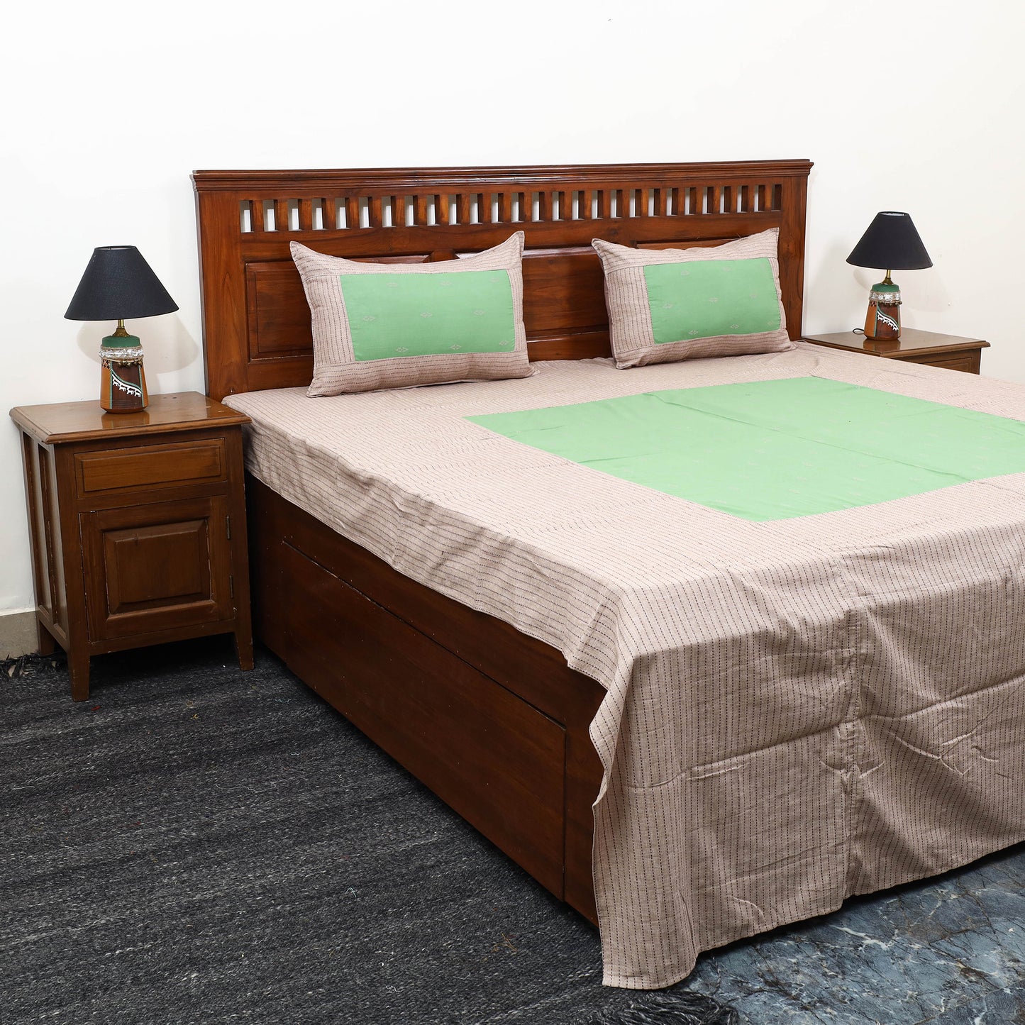 Buy Beige Patchwork Cotton Double Jacquard Bed Sheet Set