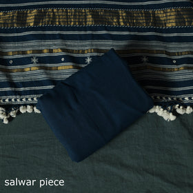 Blue - Kutch Bhujodi Handloom Kala Cotton 3pc Unstitched Dress Material Suit Set 15