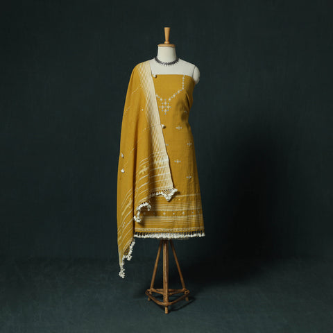 Yellow - Kutch Bhujodi Handloom Kala Cotton 3pc Unstitched Dress Material Suit Set 19