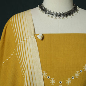 Yellow - Kutch Bhujodi Handloom Kala Cotton 3pc Unstitched Dress Material Suit Set 19