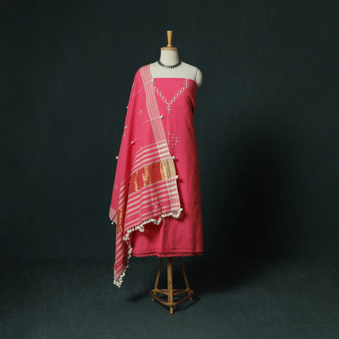 Pink - Kutch Bhujodi Handloom Kala Cotton 3pc Unstitched Dress Material Suit Set 16