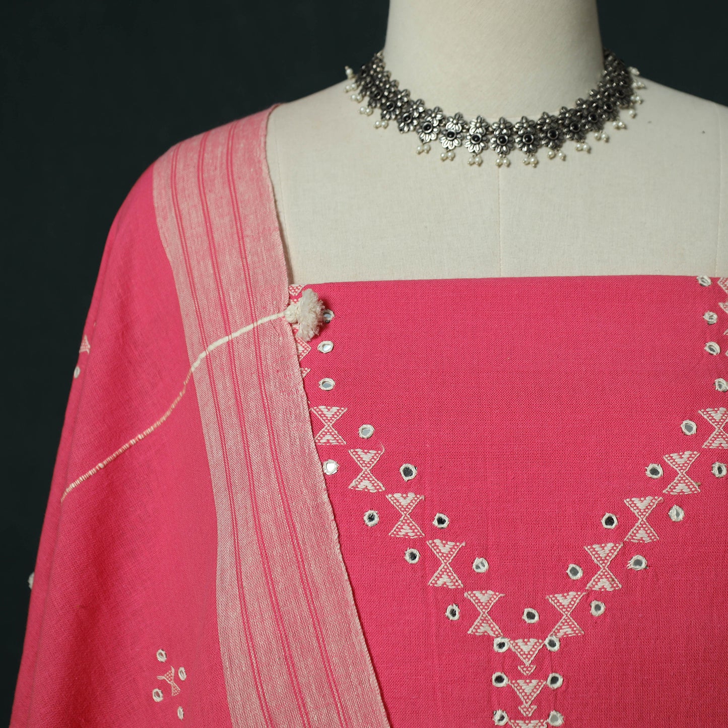 Pink - Kutch Bhujodi Handloom Kala Cotton 3pc Unstitched Dress Material Suit Set 16