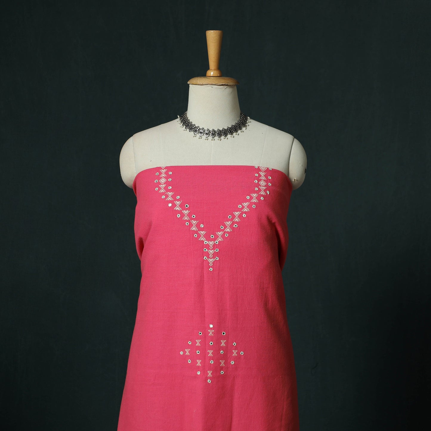 Pink - Kutch Bhujodi Handloom Kala Cotton 3pc Unstitched Dress Material Suit Set 16