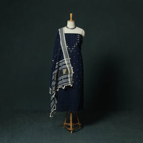 Blue - Kutch Bhujodi Handloom Kala Cotton 3pc Unstitched Dress Material Suit Set 17