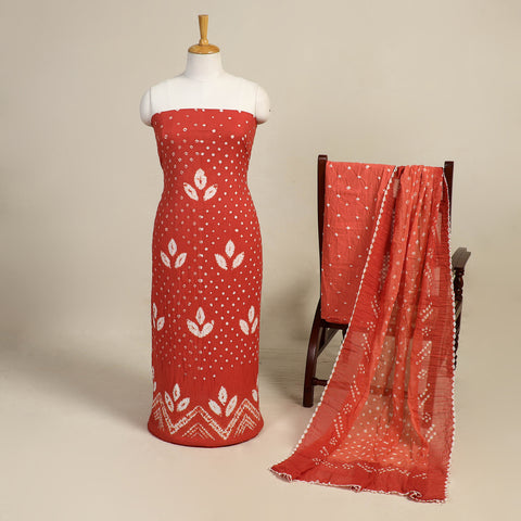 Orange 3pc Kutch Tie-Dye Satin Cotton Bandhani Dress Material