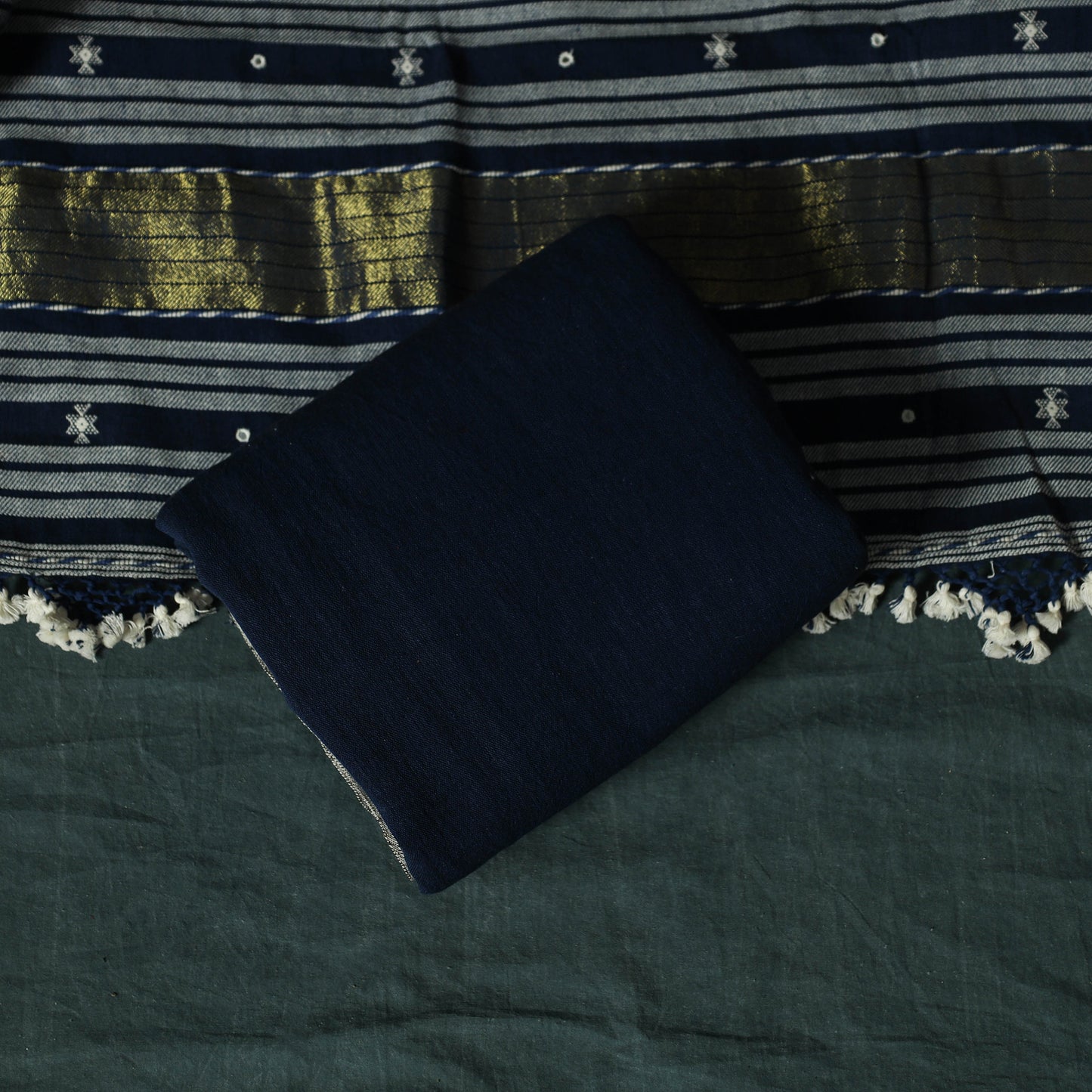 Blue - Kutch Bhujodi Handloom Kala Cotton 3pc Unstitched Dress Material Suit Set 17