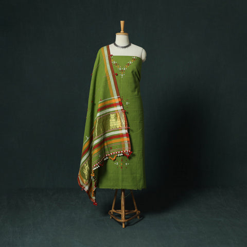 Green - Kutch Bhujodi Handloom Kala Cotton 3pc Unstitched Dress Material Suit Set 20