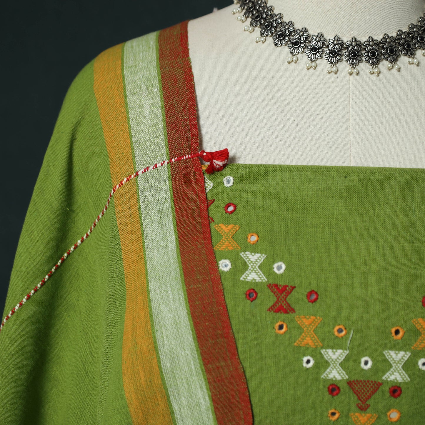 Green - Kutch Bhujodi Handloom Kala Cotton 3pc Unstitched Dress Material Suit Set 20