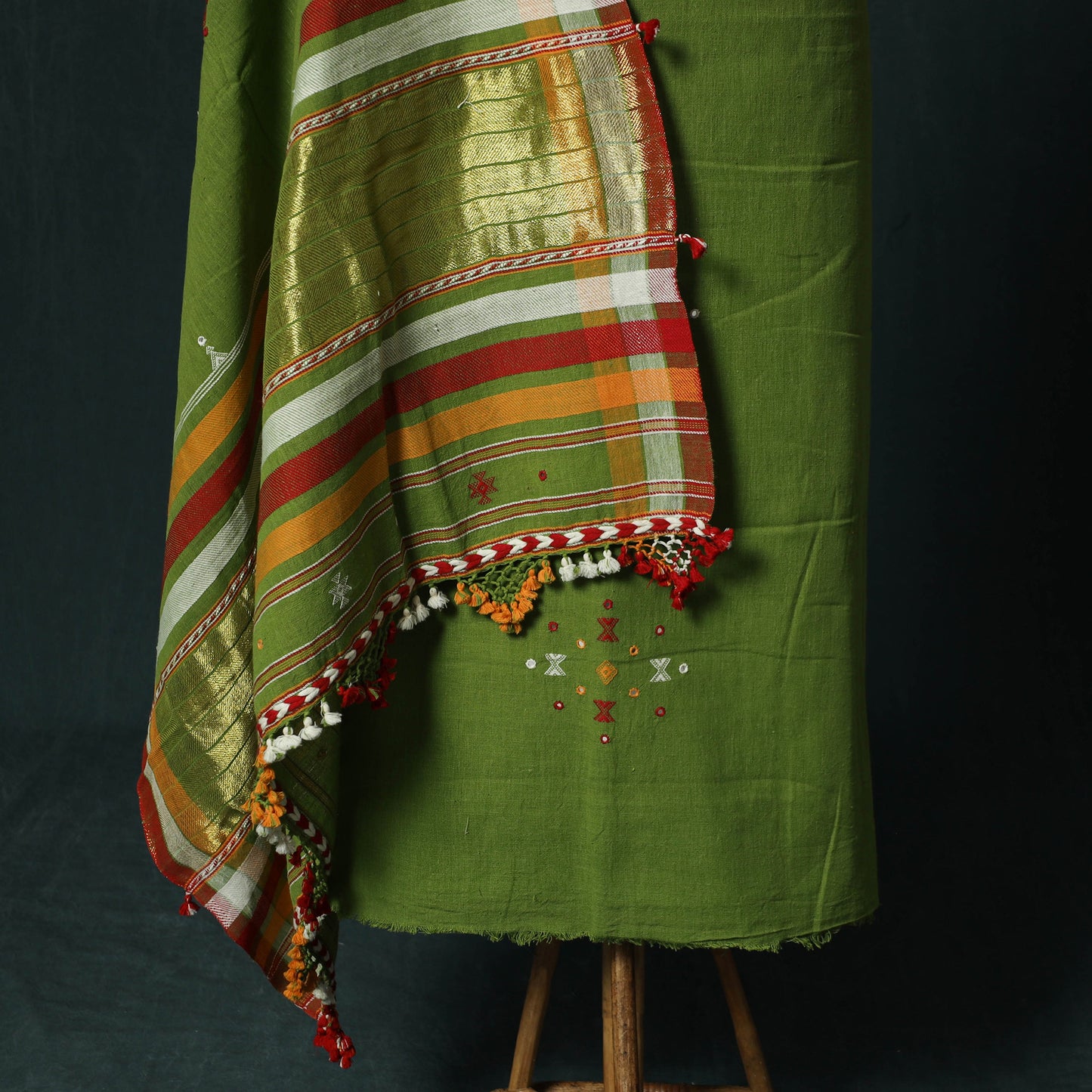 Green - Kutch Bhujodi Handloom Kala Cotton 3pc Unstitched Dress Material Suit Set 20