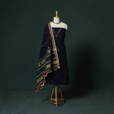 Black - Kutch Bhujodi Handloom Kala Cotton 3pc Unstitched Dress Material Suit Set 21