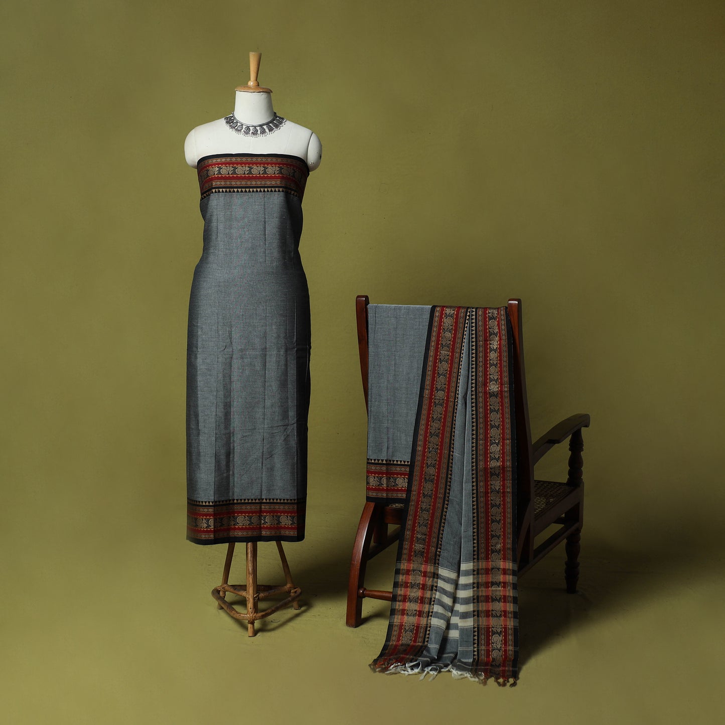 Dharwad Cotton 3pc Unstitched Dress Material Suit Set with Woven Border 59