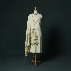 White - Kutch Bhujodi Handloom Kala Cotton 3pc Unstitched Dress Material Suit Set 22
