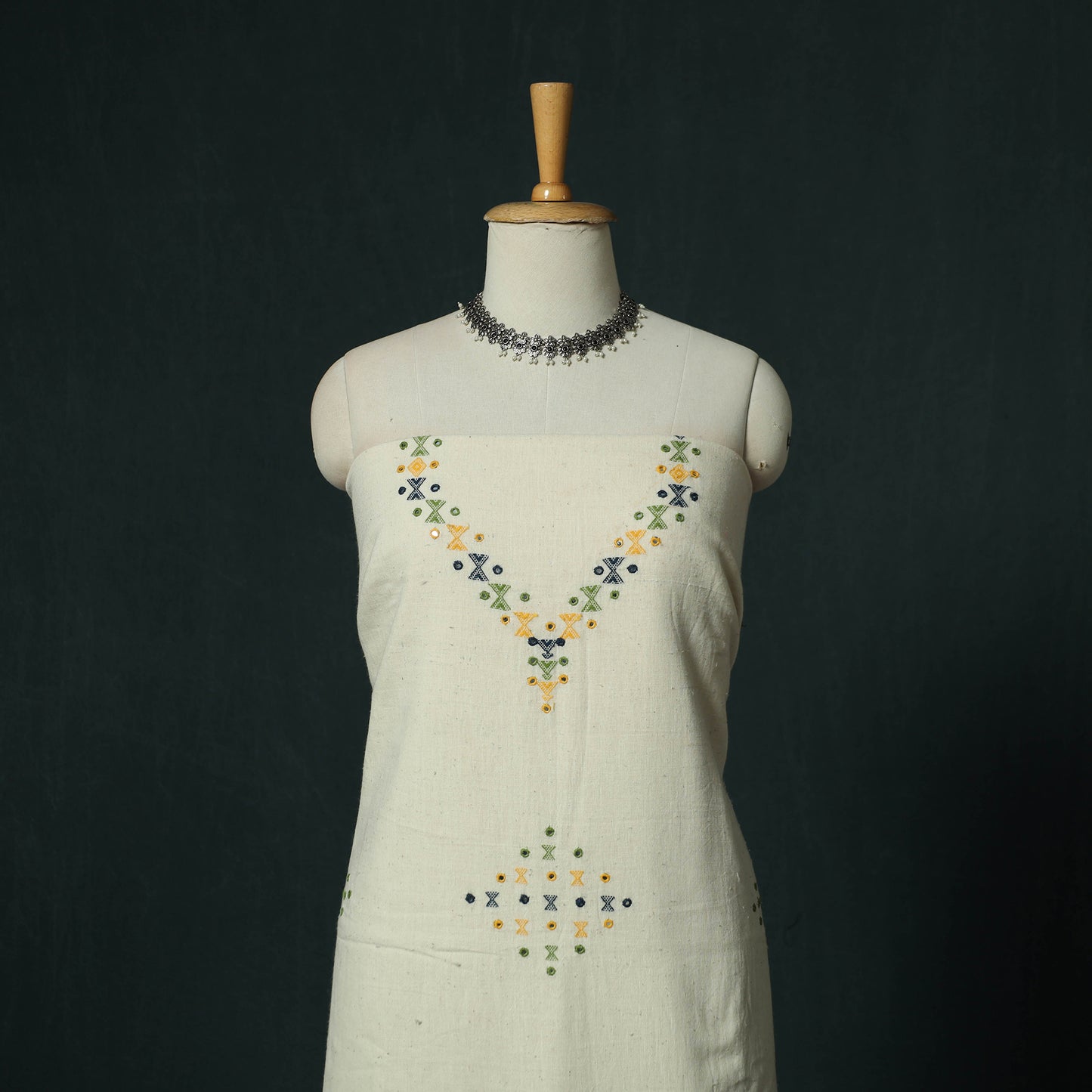 White - Kutch Bhujodi Handloom Kala Cotton 3pc Unstitched Dress Material Suit Set 22