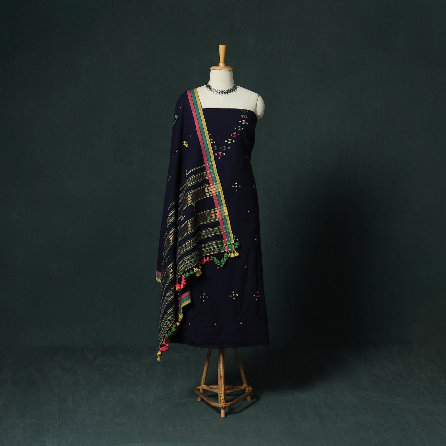 Blue - Kutch Bhujodi Handloom Kala Cotton 3pc Unstitched Dress Material Suit Set 23