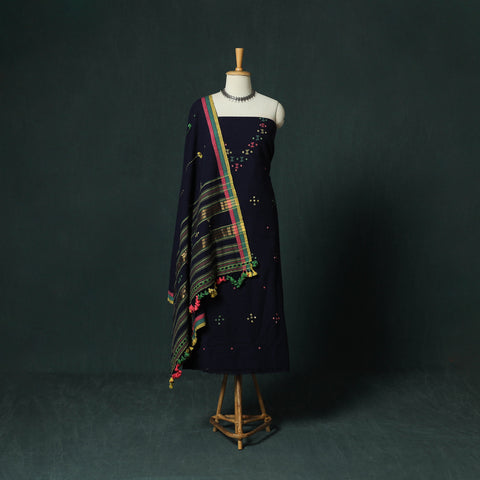 Blue - Kutch Bhujodi Handloom Kala Cotton 3pc Unstitched Dress Material Suit Set 23