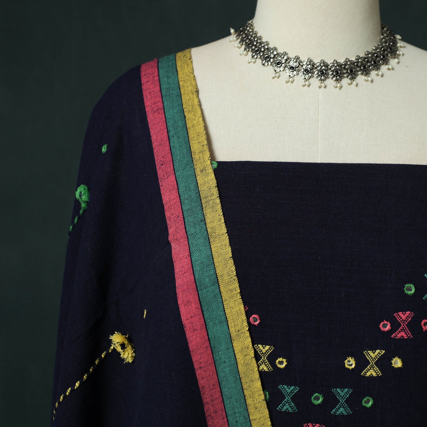 Blue - Kutch Bhujodi Handloom Kala Cotton 3pc Unstitched Dress Material Suit Set 23