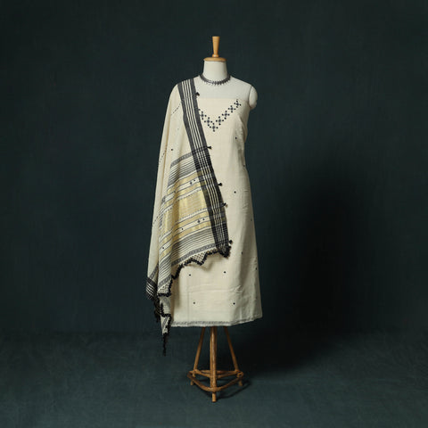 White - Kutch Bhujodi Handloom Kala Cotton 3pc Unstitched Dress Material Suit Set 24